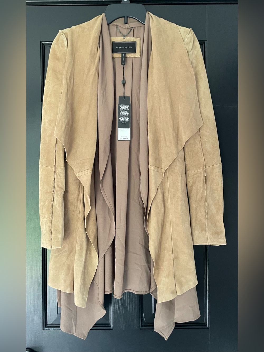 BCBGMaxAzria Tan Suede Draped Open-Front Trench Coat